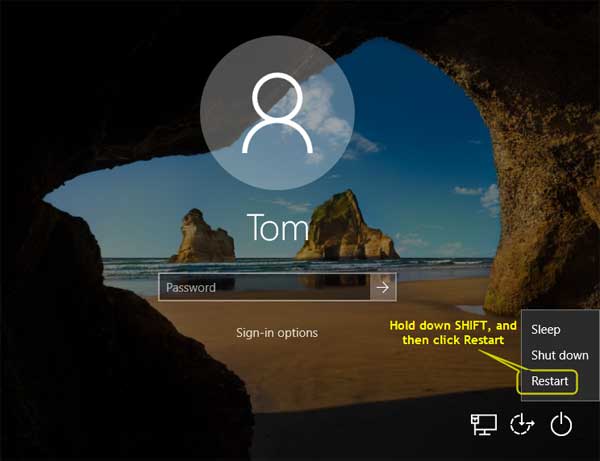 Access UEFI firmware from Windows 10 login screen