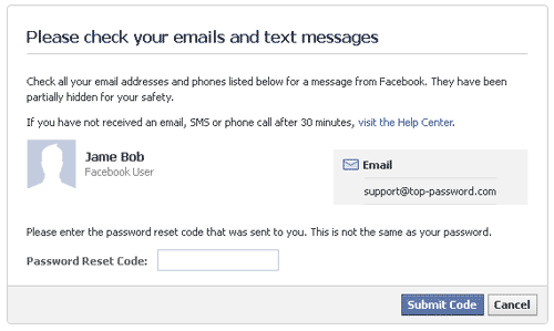 Submit Facebook Password Reset Code